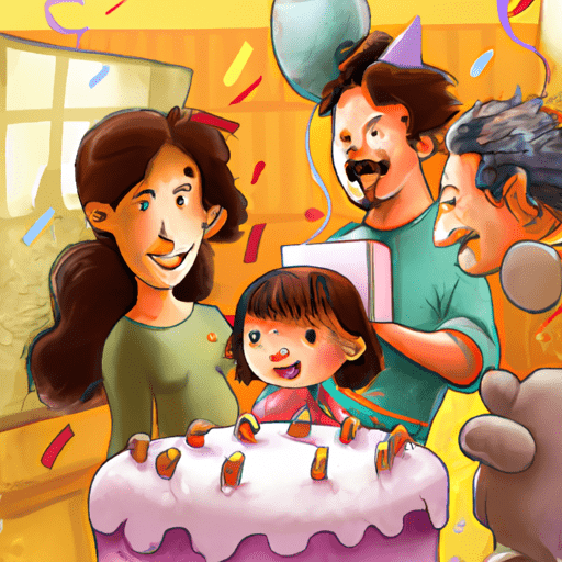 תמונה של משפחה מאושרת שחוגגת יום הולדת עם בלונים, סטרימרים ועוגת יום הולדת.