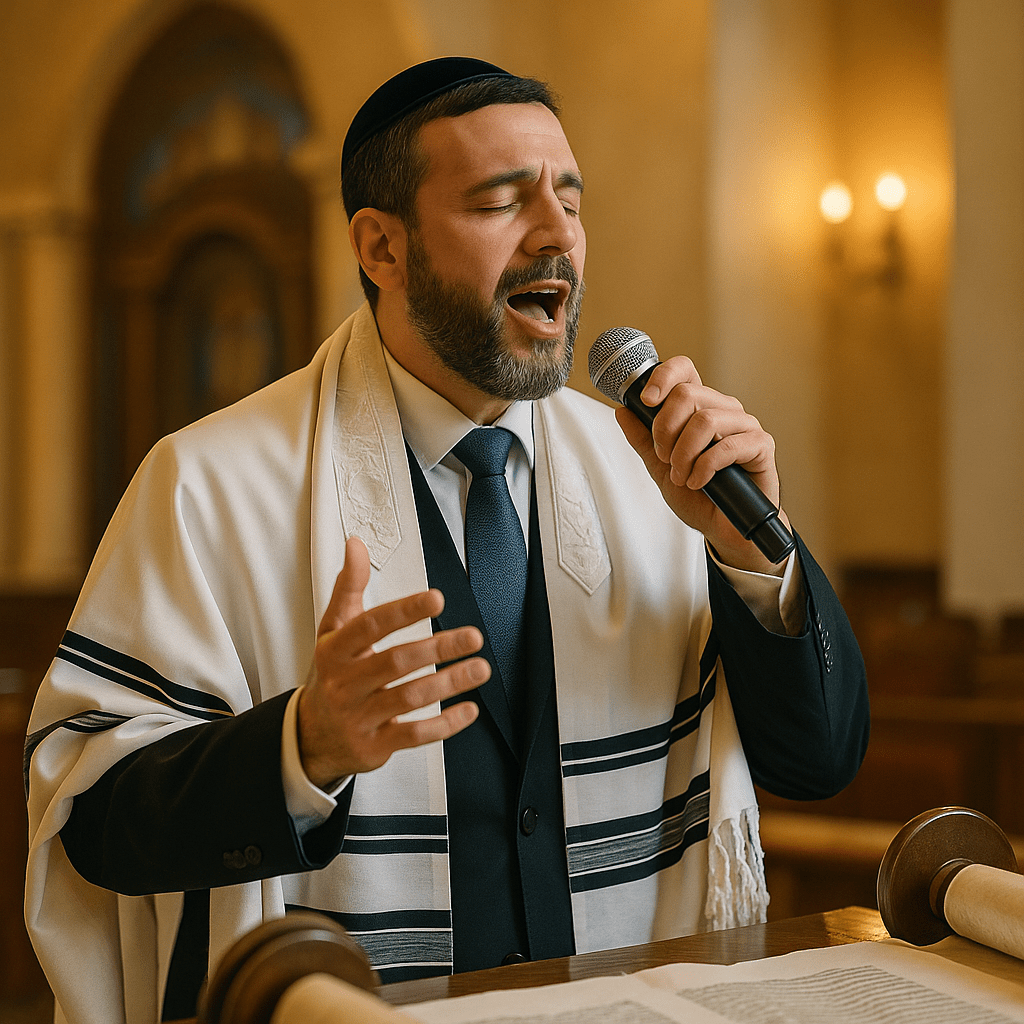 פייטן וזמר בטלית לבנה שר במיקרופון ליד ספר תורה בבית כנסת – פייטן לעלייה לתורה, חופות ושבת חתן