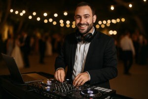 תקליטן מחויך במרכז רחבת ריקודים, עומד מאחורי קונסולה מקצועית עם אוזניות על צווארו, בעוד אורחים רוקדים ברקע באירוע ערב