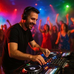 תקליטן לאירוע פרטי בישראל מנגן מול קהל רוקד באור צבעוני ואווירה שמחה.