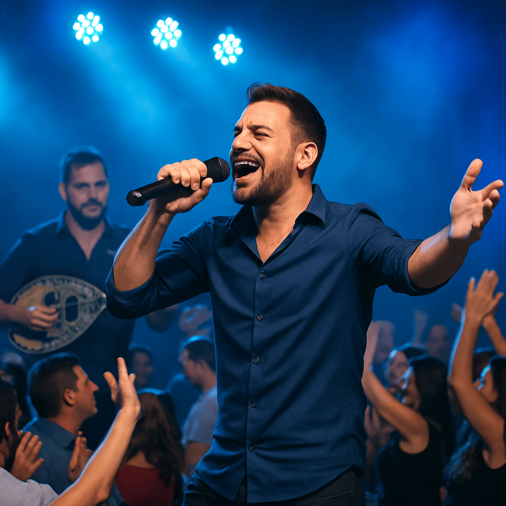 זמר על במה באור כחול מנגן ושר מול קהל רוקד באירוע בסגנון טברנה